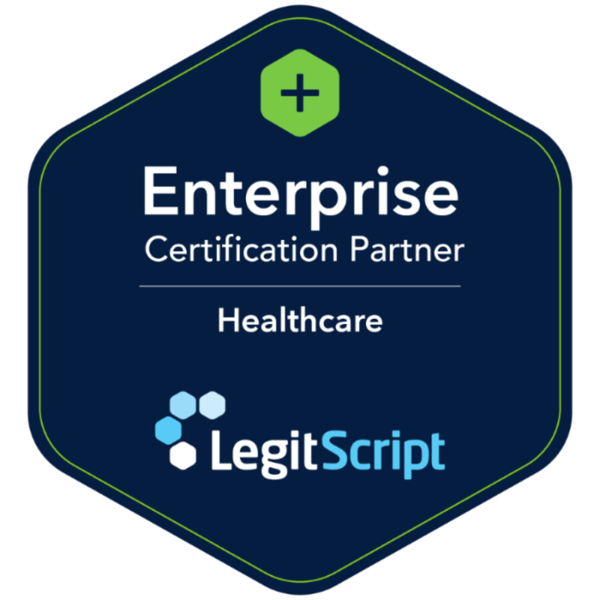 Hexagonal badge with 'Enterprise Certification Partner Healthcare' text and LegitScript logo on a white background