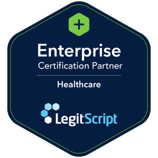 Hexagonal badge with 'Enterprise Certification Partner Healthcare' text and LegitScript logo on a white background
